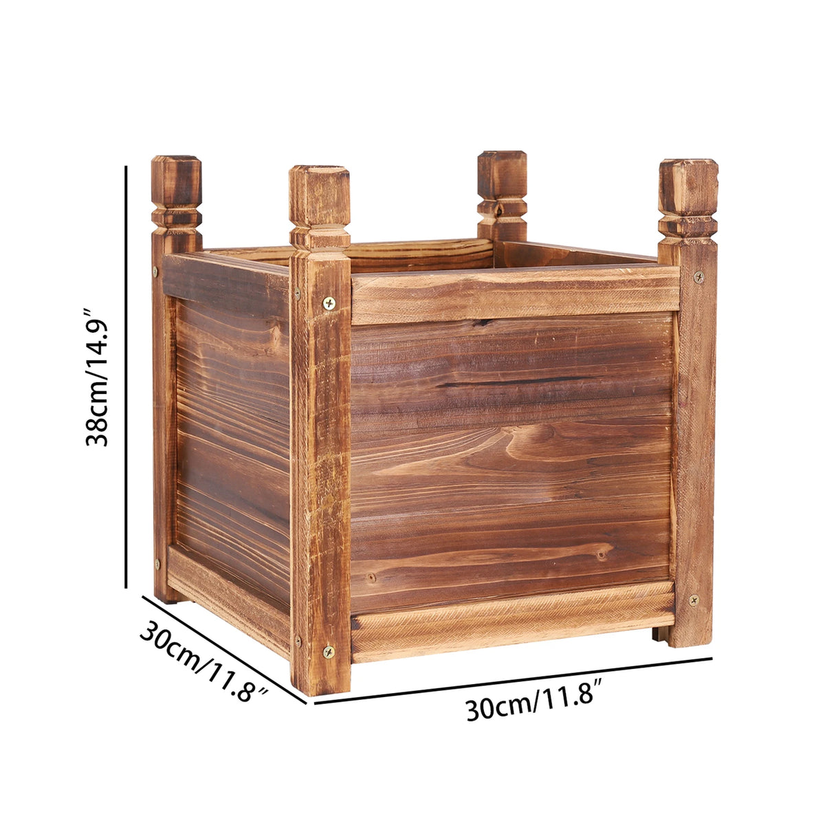 Square wooden raised planter bed with slatted sides, corner posts, and open top