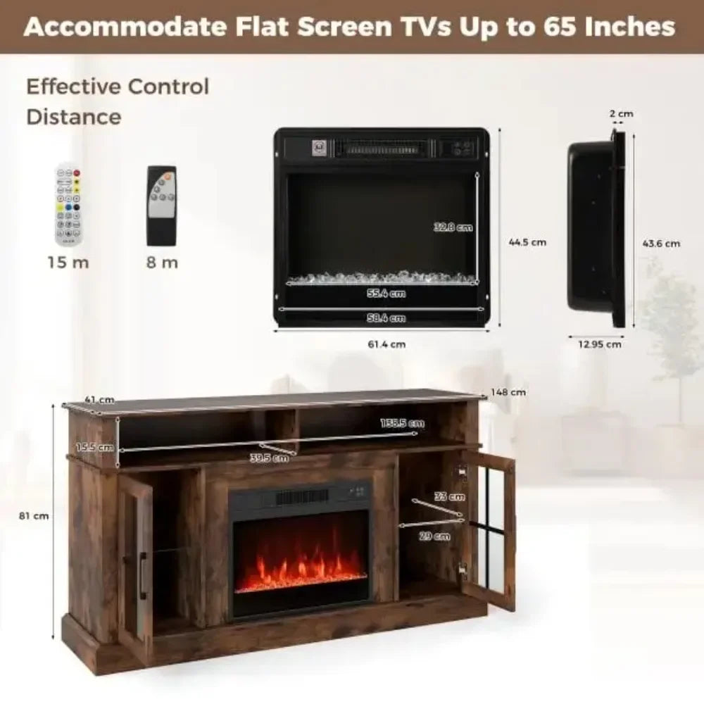 Brown fireplace TV stand dimensions view, showing open sides and flame insert.
