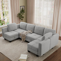 Grey modular sectional sofa with upholstered cushions and low armrests