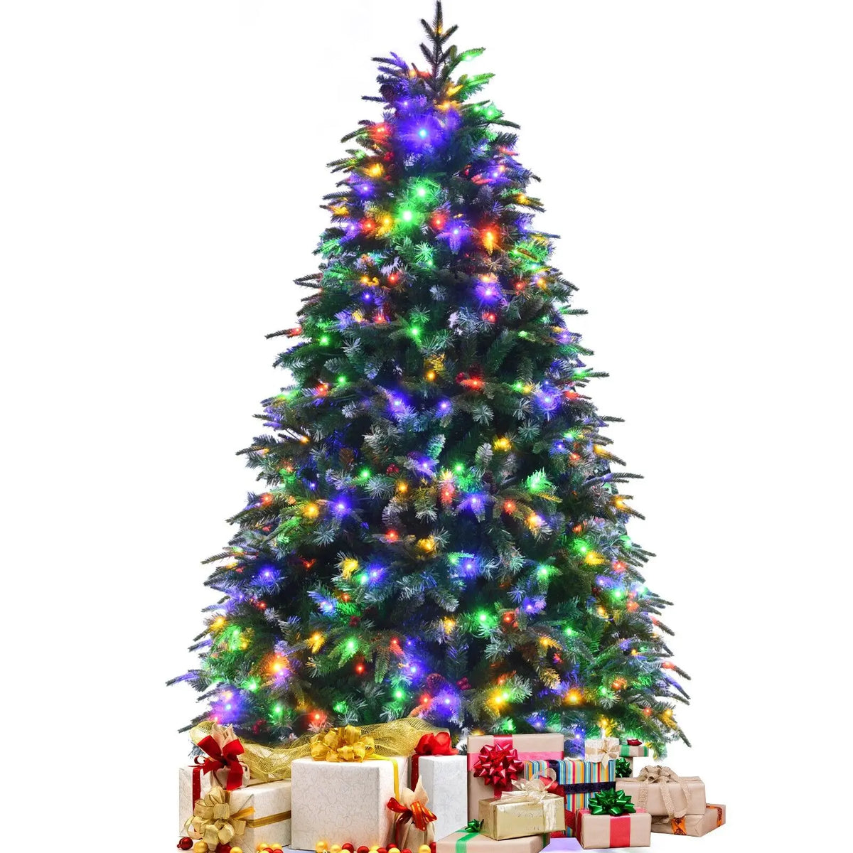 Snowy artificial Christmas tree with multicolor LED lights and gift decorations around base