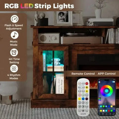Brown fireplace TV stand with RGB LED strip lighting and remote/app controls shown.