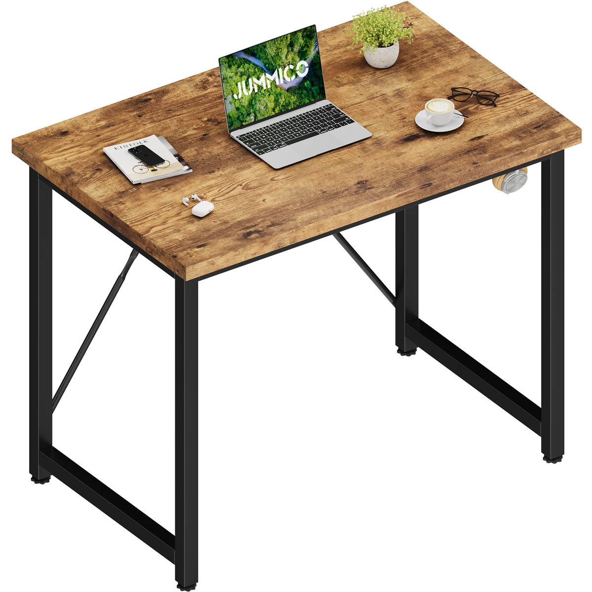Computer desk with wood-look tabletop and black metal legs