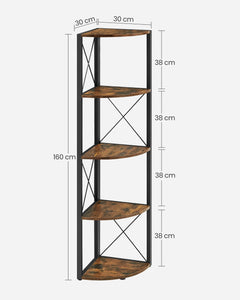 Black corner shelf with four open tiers and wood-look shelves, shown with dimensions
