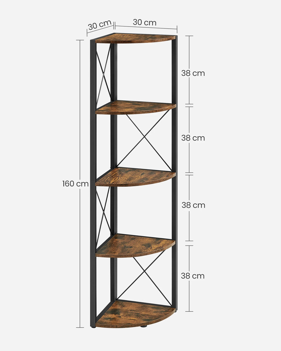 Black corner shelf with four open tiers and wood-look shelves, shown with dimensions