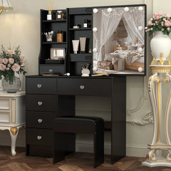 Black vanity set with LED sliding mirror, 6 drawers, and matching stool—open shelves.