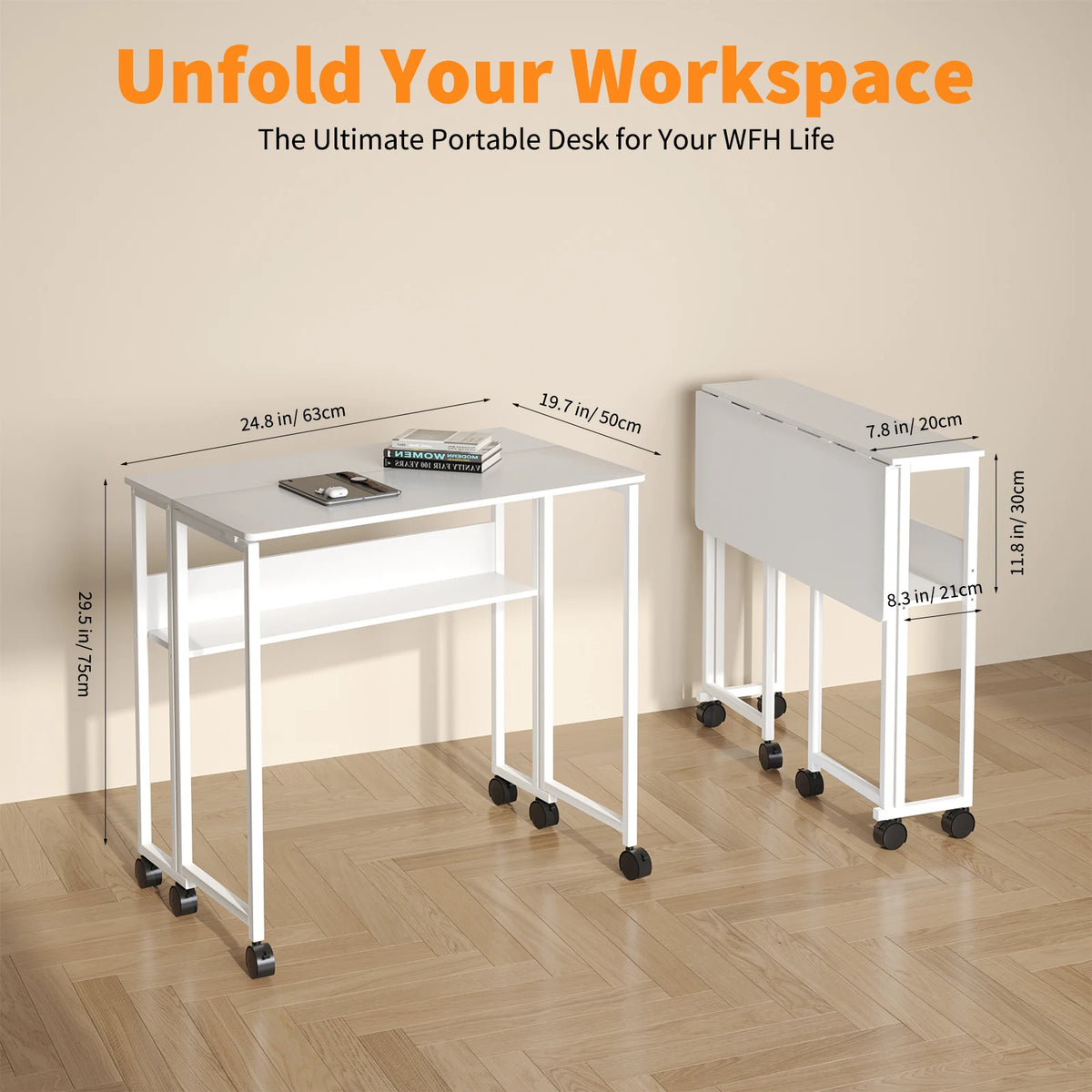 Foldable desk with casters, light wood top, white frame, unfolded and folded