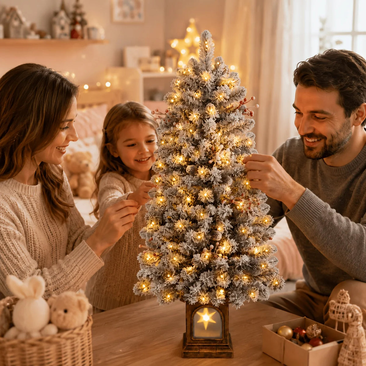 Snow-frosted pre-lit potted Christmas tree with warm white LEDs and glowing base lantern