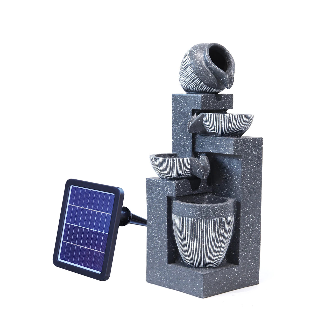 Solar outdoor rockery fountain with pump, dark gray stone stack and blue solar panel