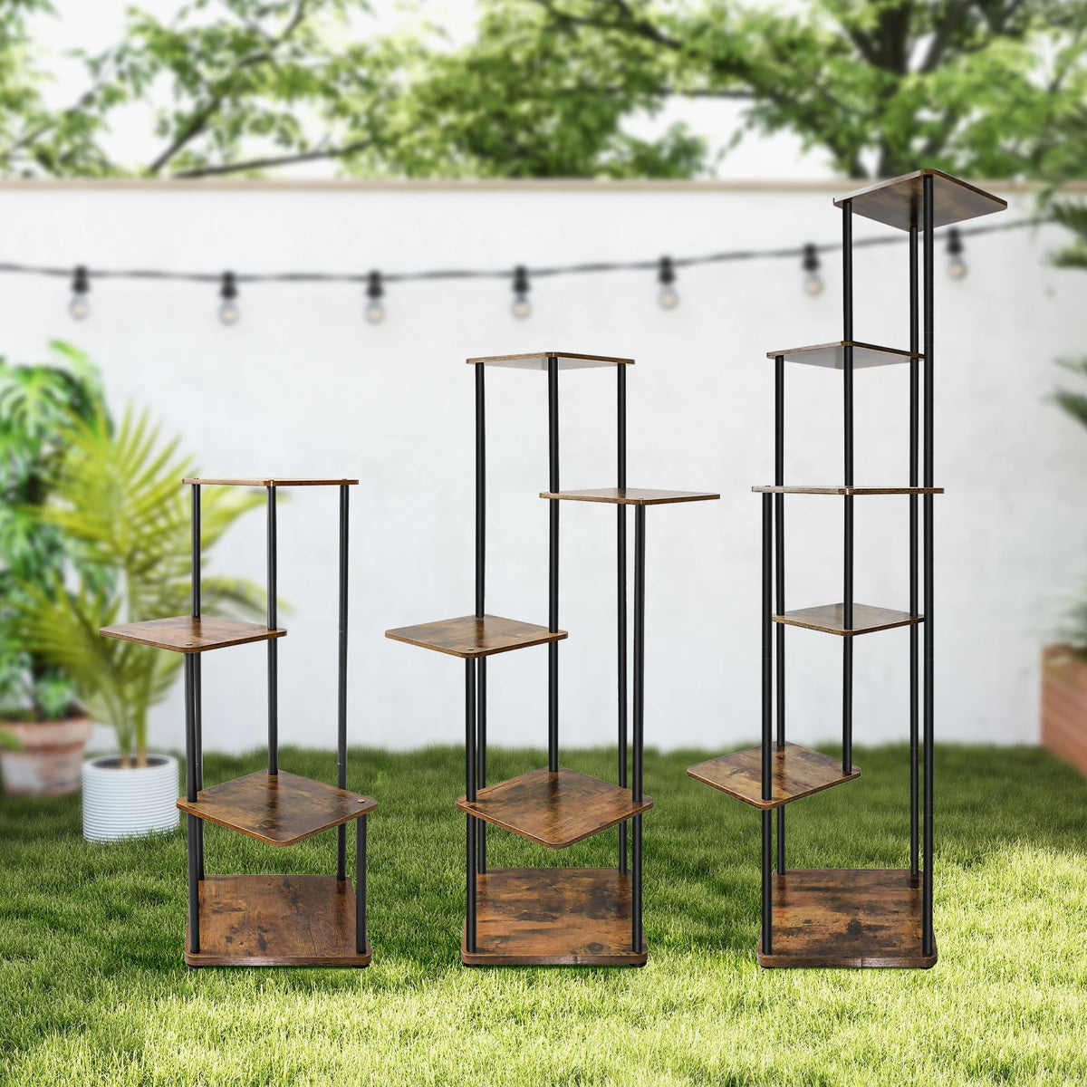 Multi-tier metal plant stand with four square wooden shelves, black frame