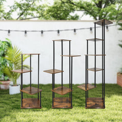 Multi-tier metal plant stand with four square wooden shelves, black frame