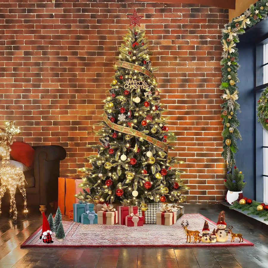 Prelit pencil Christmas tree with warm white lights, red ornaments, ribbon garland strip