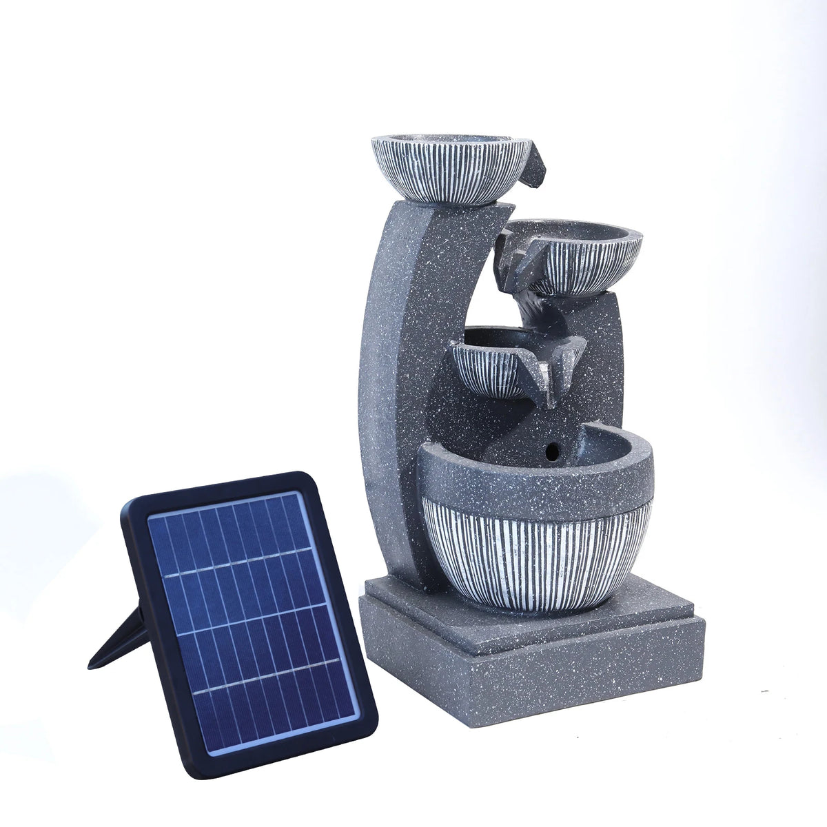 Solar outdoor fountain with tiered gray stone bowls, running water, and solar panel