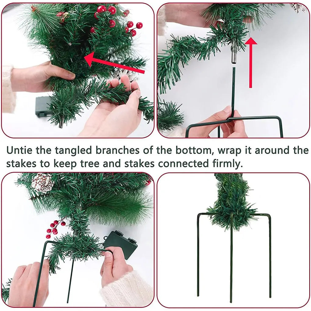 Outdoor Christmas tree setup with branches wrapped around bottom stakes and connected supports