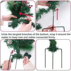 Outdoor Christmas tree setup with branches wrapped around bottom stakes and connected supports