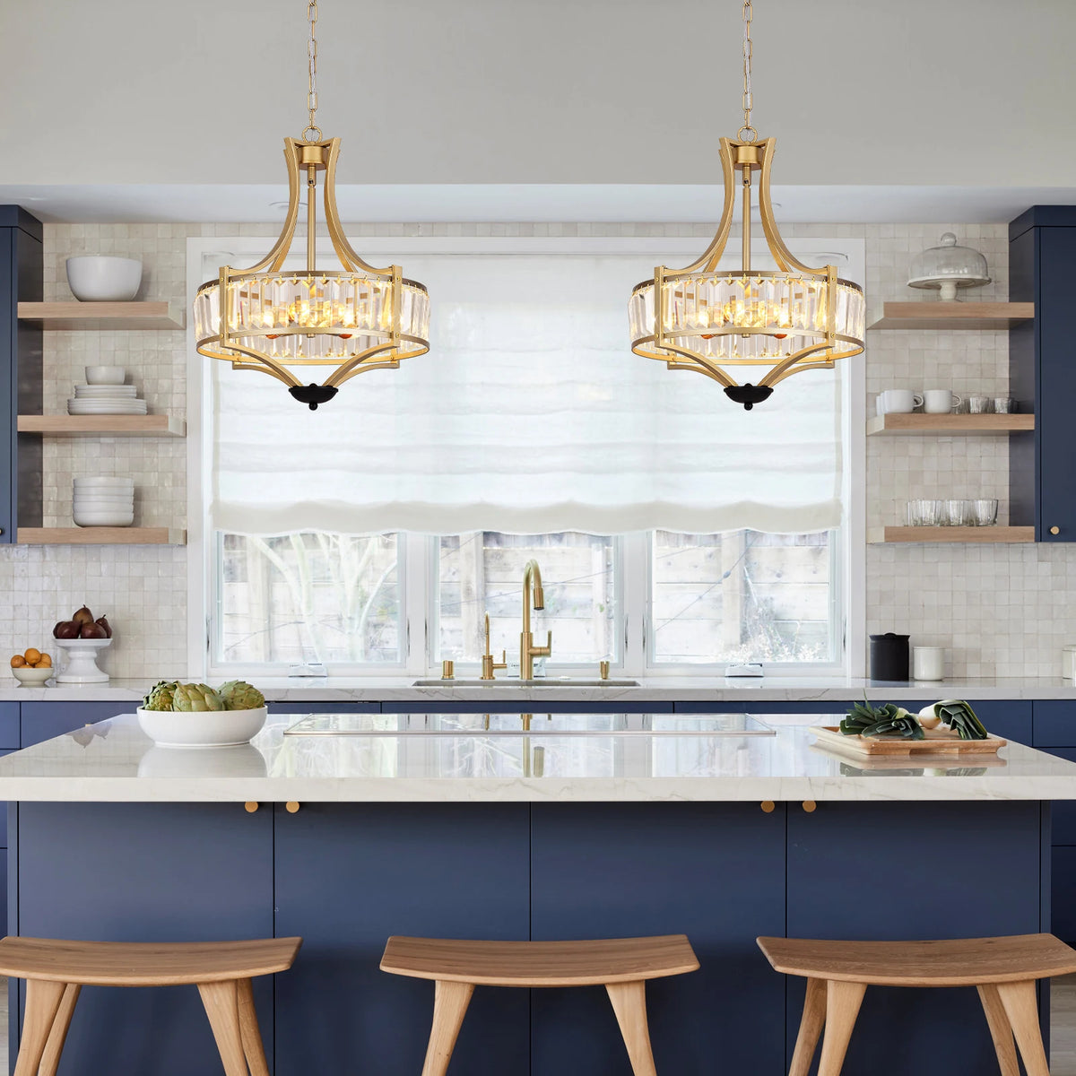 Pair of gold crystal pendant ceiling lamps with clear crystal glass drum shades on chains