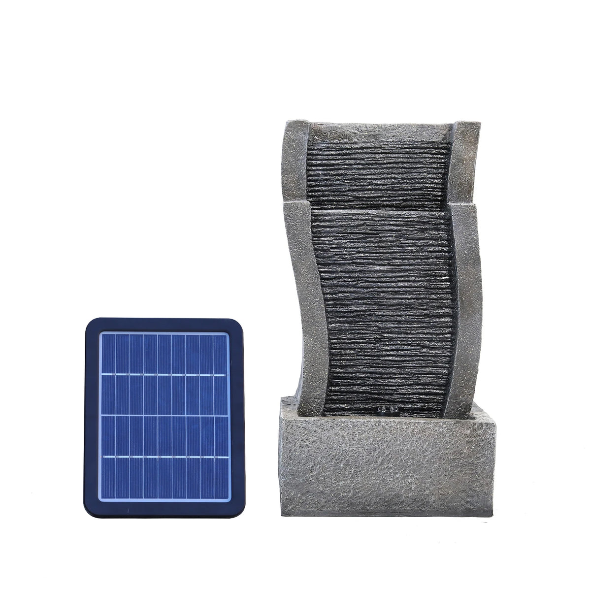 Solar outdoor rockery fountain with pump, dark gray tiered stone basin water feature