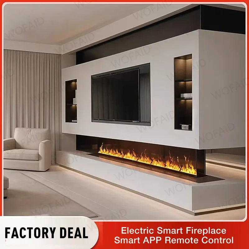 Black electric fireplace with glowing flame effect in a modern wall niche