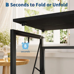 Black folding table that unfolds quickly with sturdy frame and tabletop