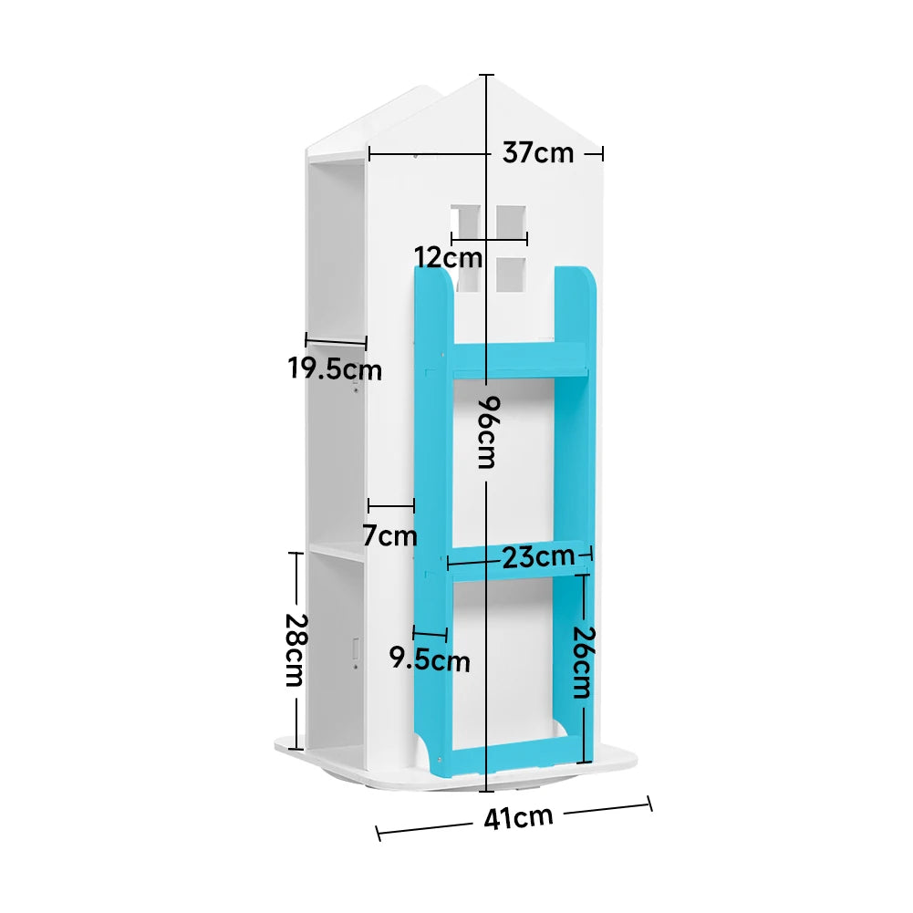 Breeins kids' rotating house-frame bookshelf size diagram, white with blue insert