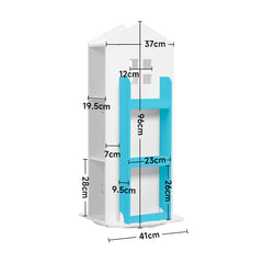 Breeins kids' rotating house-frame bookshelf size diagram, white with blue insert