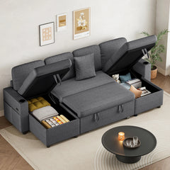 Dark grey convertible sleeper sofa bed with pull-out section and open storage compartments