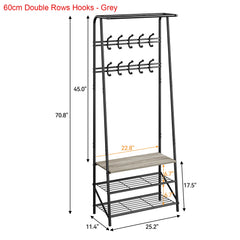 Coat rack shoe bench size diagram with double-row hooks, grey frame, shoe shelves