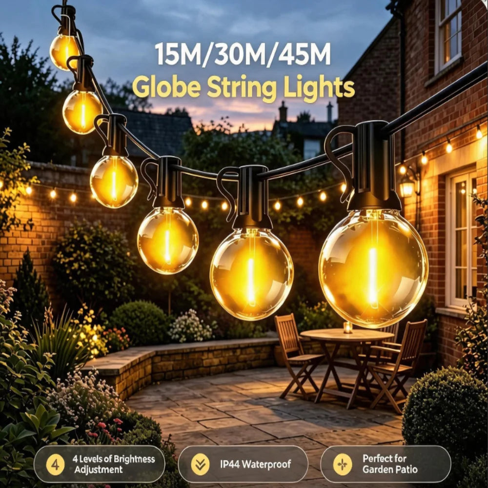 Black-cord outdoor globe string lights with warm amber G40 globe bulbs