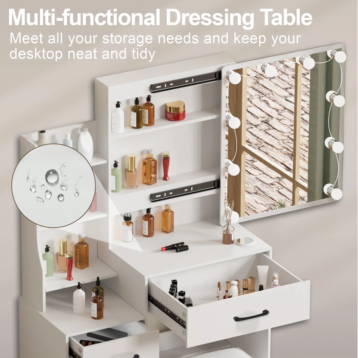 White dressing table with open shelves, central drawer, and LED bulb mirror frame