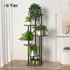 6-tier plant stand with brown shelves, black metal frame, and multiple potted plants