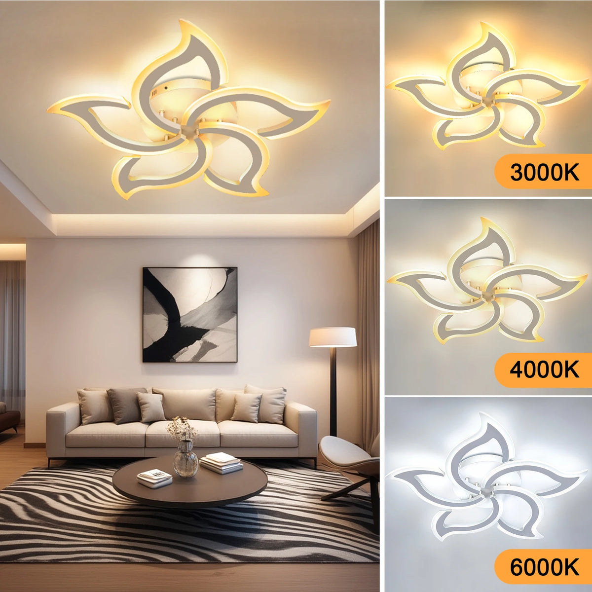 Flower-shaped LED ceiling light with warm, neutral, and cool light tones labeled 3000K to 6000K