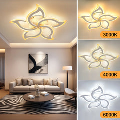 Flower-shaped LED ceiling light with warm, neutral, and cool light tones labeled 3000K to 6000K
