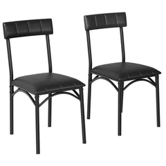 Two black dining chairs with arched back supports and padded seat