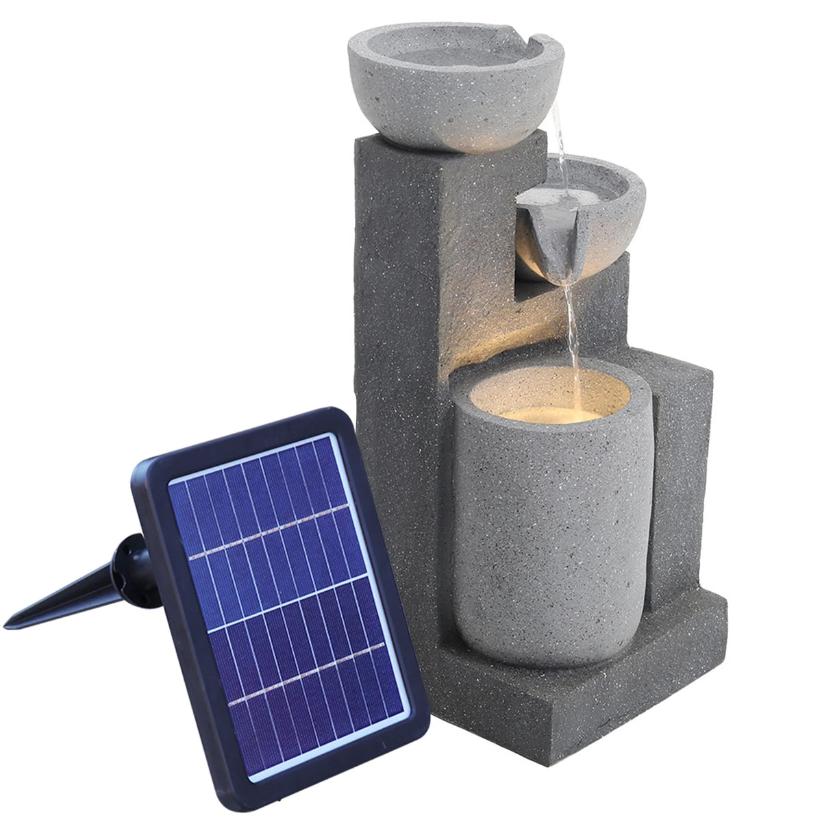 Solar outdoor rockery fountain with dark gray stacked basins and solar panel