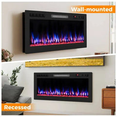 Black electric fireplace insert mounted in wall niche with blue and red flames