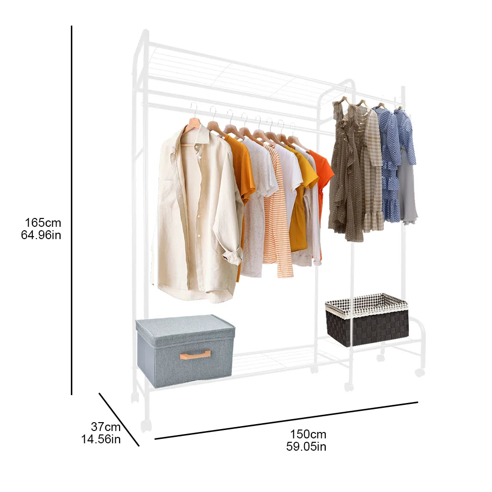 White clothing rail with hanging bars, shoe shelf, and storage bin