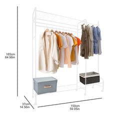 White clothing rail with hanging bars, shoe shelf, and storage bin
