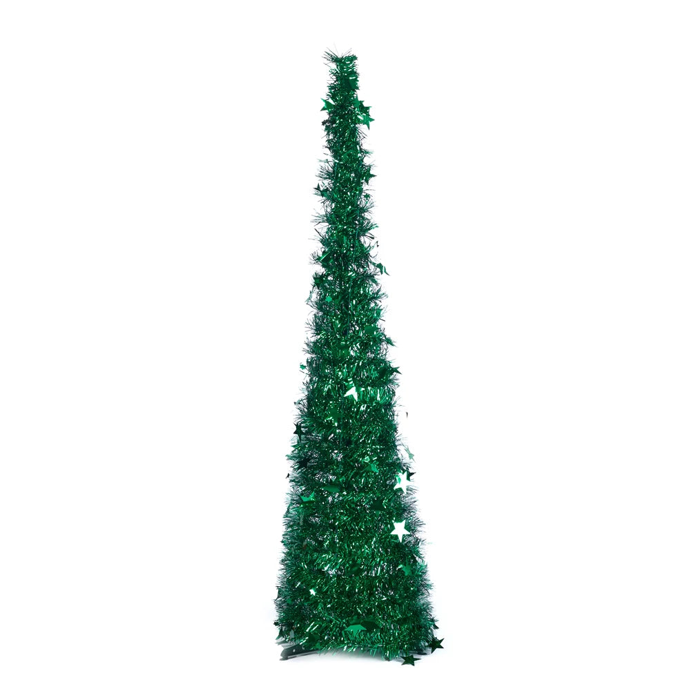 Green collapsible tinsel Christmas tree, full height, isolated.