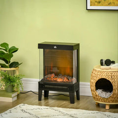 Black electric fireplace heater with tempered glass front and LED flame, freestanding