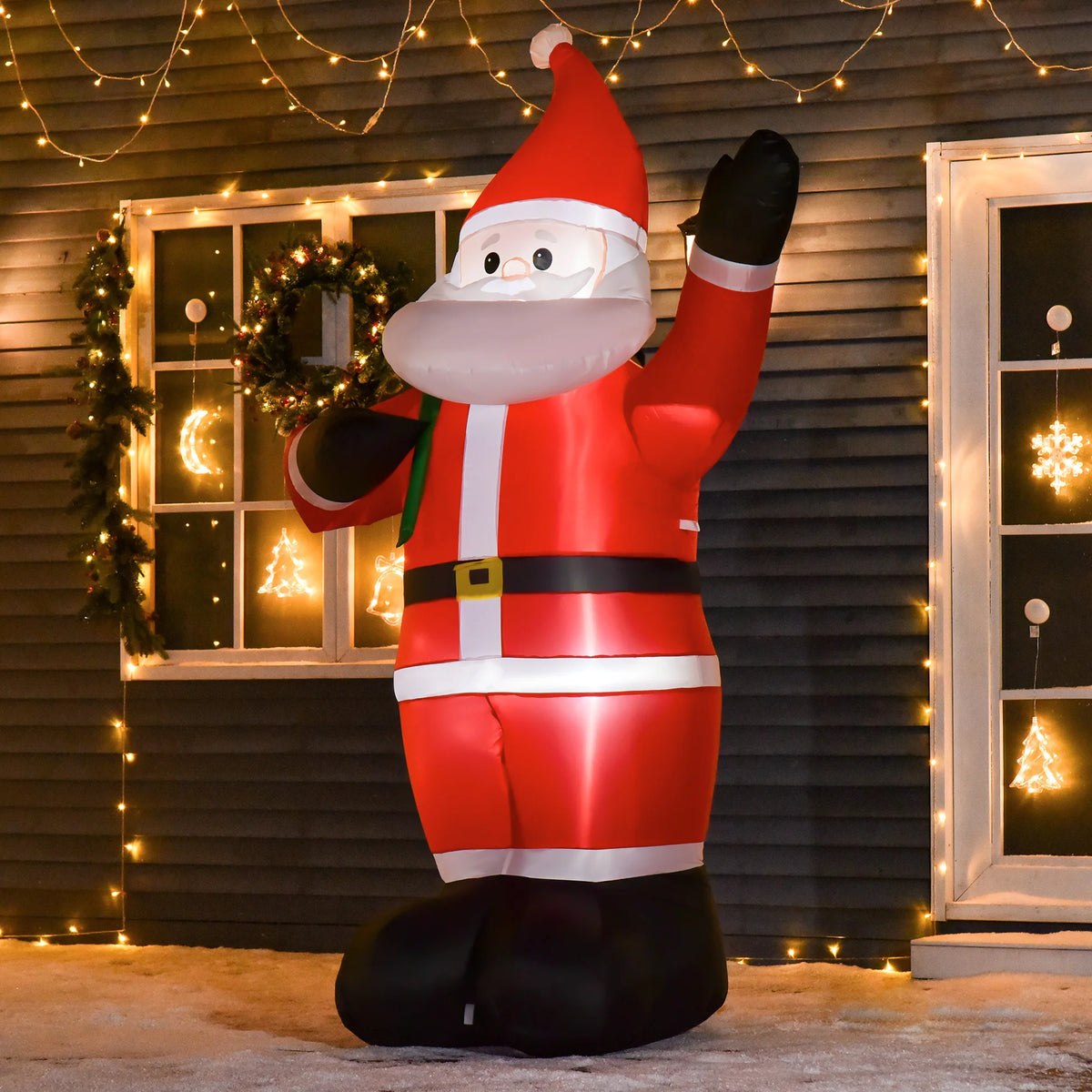 Inflatable Santa Claus outdoor decor, red suit with green gift bag and LED lights
