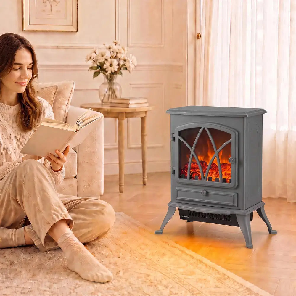 Grey vintage-style electric fireplace heater with arched glass window and glowing flame