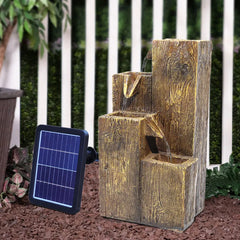Solar outdoor rockery fountain with gold-toned stacked basins, solar panel, and water flow