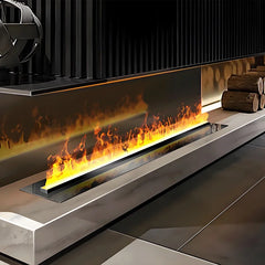 Wall-mounted linear mist fireplace with long channel of yellow-orange flames