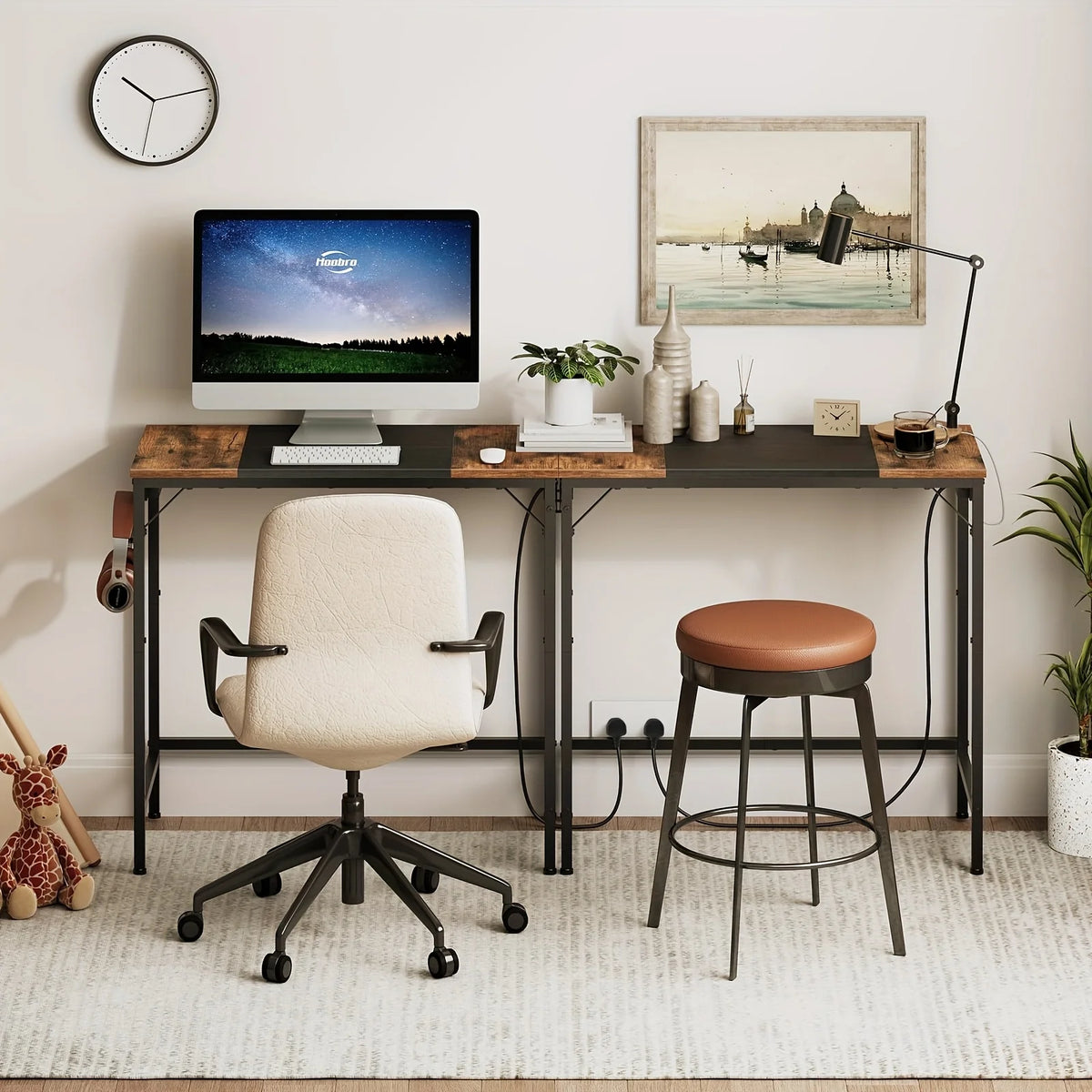 Modern office desk with brown top, open storage shelf, and cable-ready panel on the side