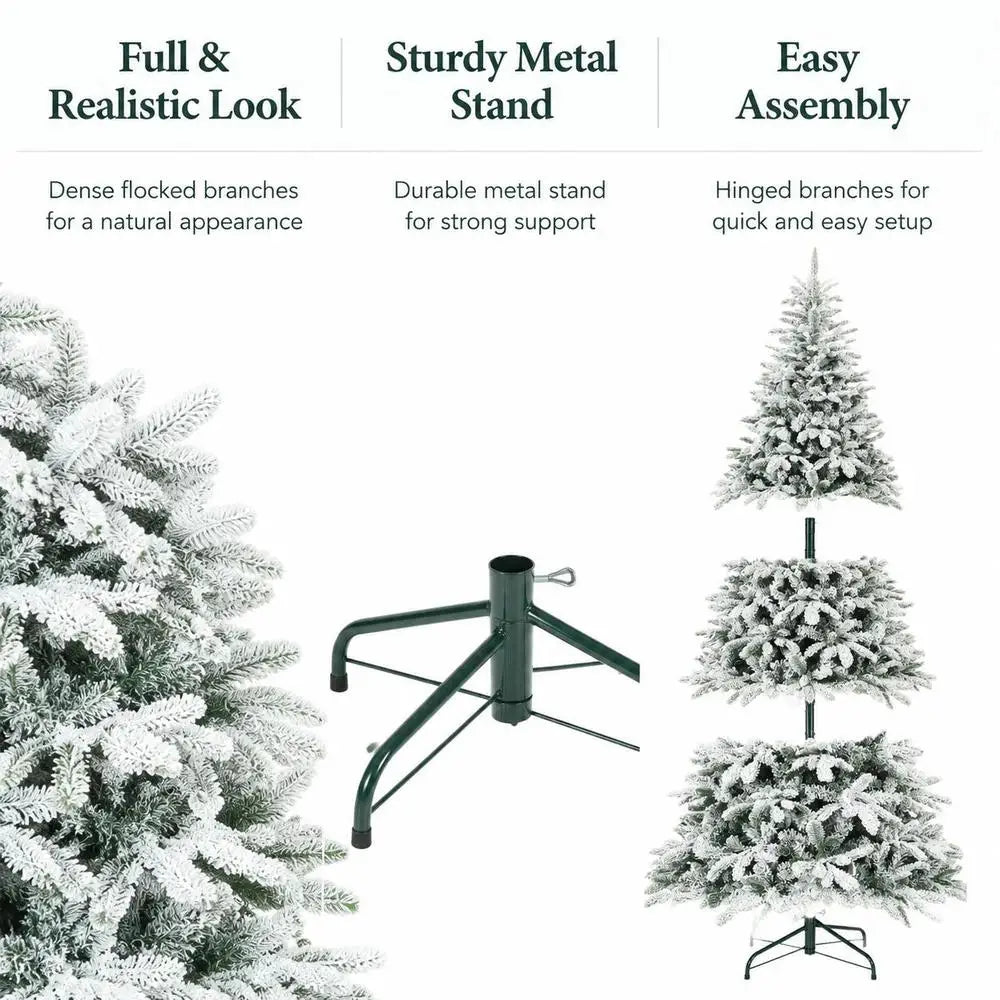 Artificial flocked Christmas tree with dense branches and foldable green metal stand