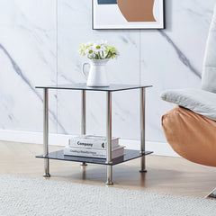 Square 2-tier black glass side table with stainless steel legs