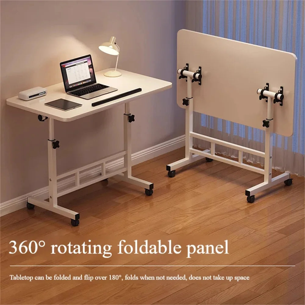 White mobile standing desk with wheels and raised foldable panel for tablets
