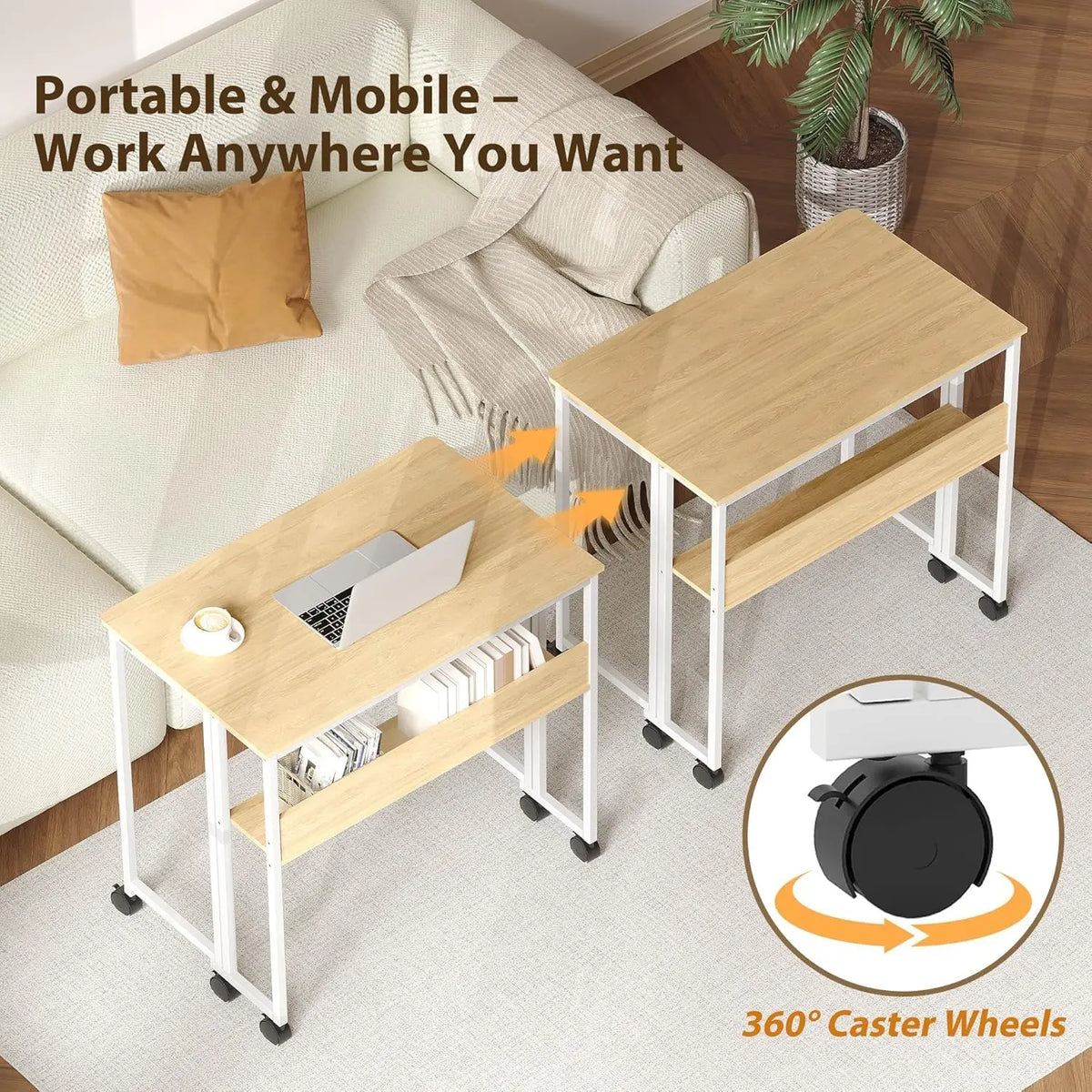 Portable folding desk with 360 caster wheels, light wood top, side storage shelf