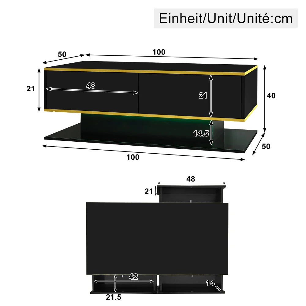 Coffee table size diagram with 100x50x40cm dimensions and drawer layout