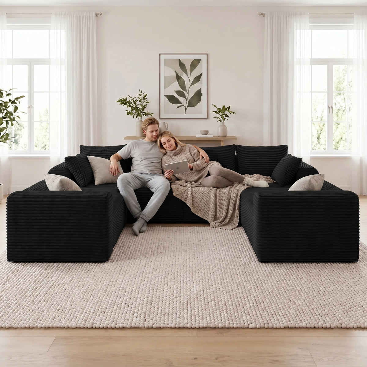 Black U-shaped corner sofa with deep seat cushions and light pillows, frameless style