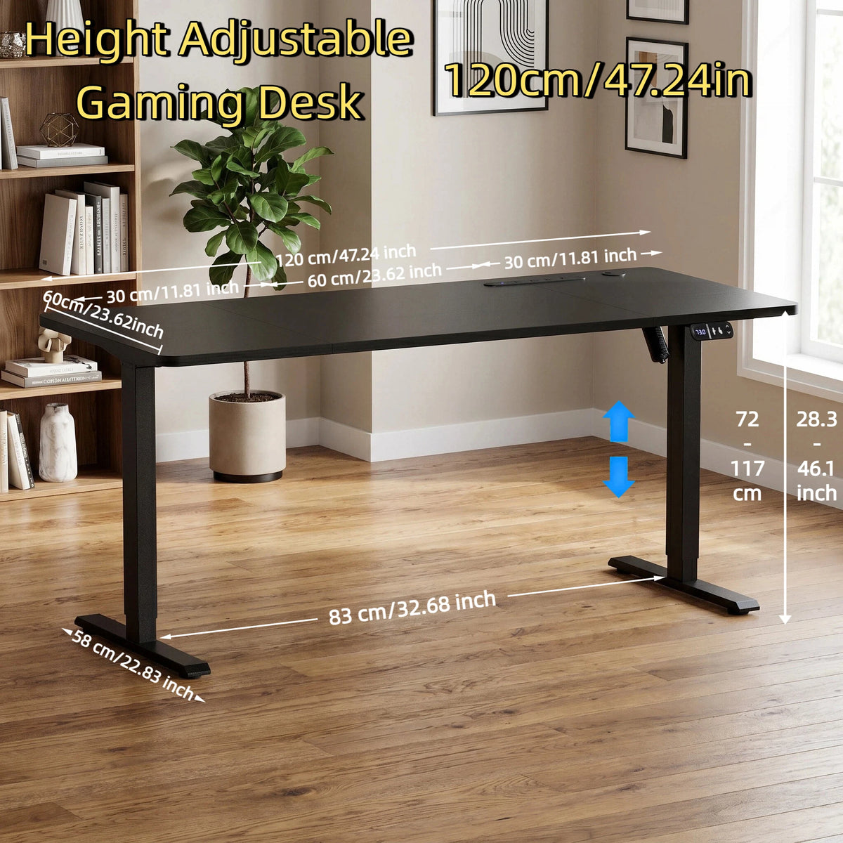 Height-adjustable gaming desk with dark tabletop and black lift frame legs